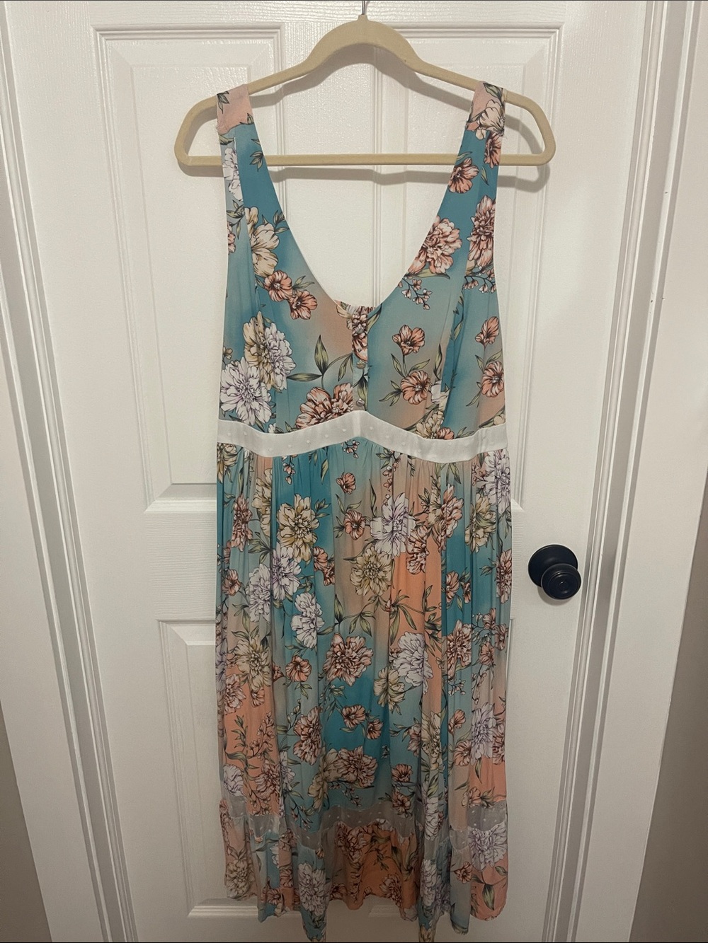 torrid Teal and Peach Floral Dress with White Waist Trim